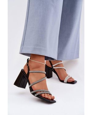 Love Lace Pillar Heel Zircon Strap Heeled Sandals With Buckle Fit - Blue