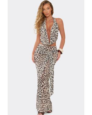 EGO Tie Leopard Print Low Rise Maxi Skirt - Natural