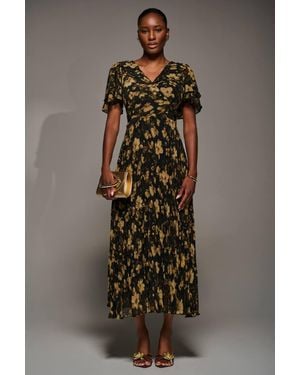 Jolie Moi Chiffon Ruffle Sleeve Pleated Maxi Dress - Brown