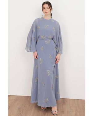 Maya Deluxe Floral Embellished Cape Sleeve Maxi Dress - Blue