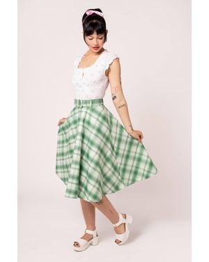Hell Bunny Maisie Sparkle Tartan 50S Style Skirt With Belt & Pockets - Green