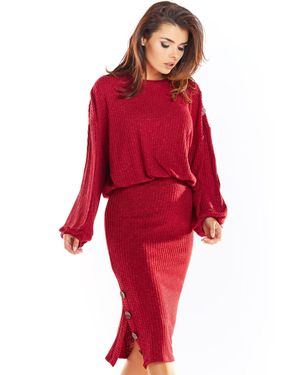 Love Lace Office Knitted Viscose Pencil Skirt With Slit - Red