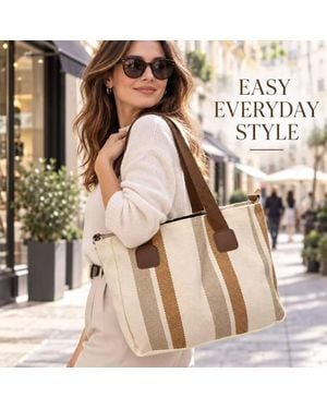 BluCore Striped Canvas Tote Bag With Zip-Top & Long Handles - Natural