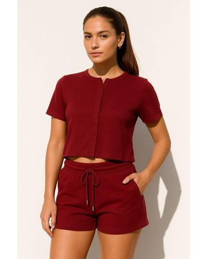 Stylewise Ribbed Button-Through Short Sleeve Top & Shorts Co-Ord - Red