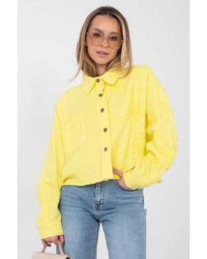 Love Lace Embroidered Flower Fray Hem Denim Jacket - Yellow