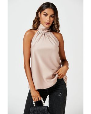 FS Collection High Neck Sleeveless Satin Blouse Top - Brown