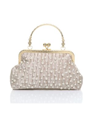 AJVANI Ruched Pearl Beads Evening Clutch Bag - Grey