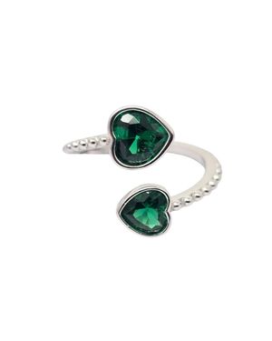 Harfi Double Heart Emerald Heart May Birthstone Adjustable Ring - Green