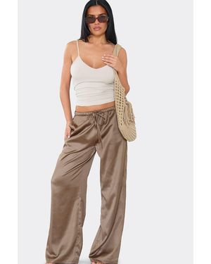 EGO Wide Leg Satin Mid Rise Trousers - Natural