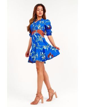 LuvForever Fashion Floral Ruffle Button Front Mini Dress - Blue