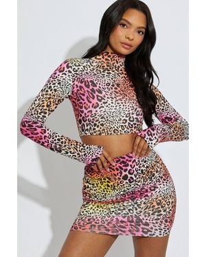 Stylewise Leopard Print Thumb Hole Crop Top & Ruched Skirt Co-Ord - Red