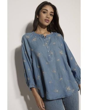 Apricot Floral Embroidered Denim Blouse - Blue