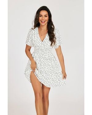 FS Collection Polka Dot V-Neck Mini Dress With Shirred Waist - White