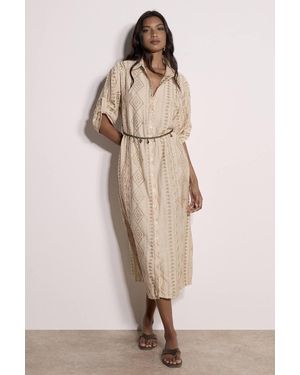 Apricot Geometric Shimmer Embroidered Shirt Midi Dress - Natural
