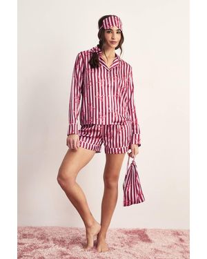 Nasty Gal Satin Stripe Bow Print 6Pc Pyjama Set - Pink
