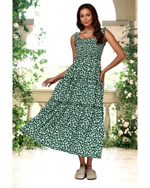 FS Collection Floral Print Hem Detail Tiered Maxi Dress - Green