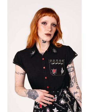 Hell Bunny Quinn Tattoo Embroidered Shirt Button Detail Eyelet Sleeves - Black