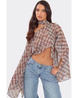 EGO Long Sleeve Off-The Shoulder Chiffon Top - Blue