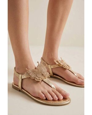 LARANGE Butterfly Embellished T-Bar Flat Sandals - Natural