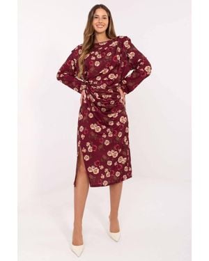 Love Lace Floral Midi Dress With Padded Shoulders - Red