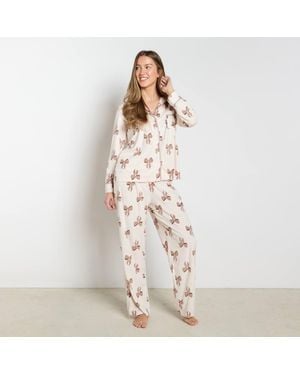 OHS Bow Print Matte Velvet Button Through Pyjama Set Nightwear - White