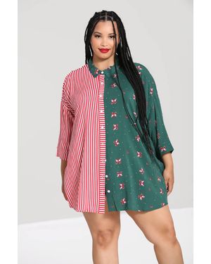 Hell Bunny Festive Oversized Loungewear Shirt Candy Cane Heart Prints - Green