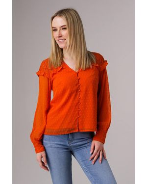 Influence Lace Semi-Sheer Long Sleeve Ruffled V-Neck Blouse - Orange