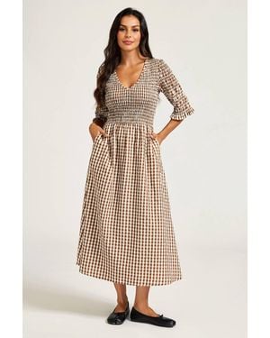 FS Collection Check Print V Neck Half Sleeve Midi Dress - Natural
