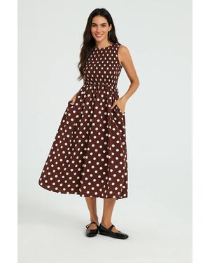 FS Collection Polka Dot Shirred Bodice Tie Back Sleeveless Midi Dress - Brown