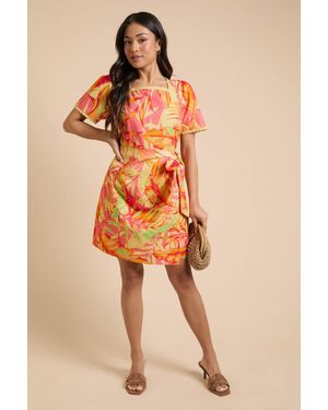 Dorothy Perkins Petite Lace Trim Wrap Skirt Poplin Printed Mini Dress - Orange