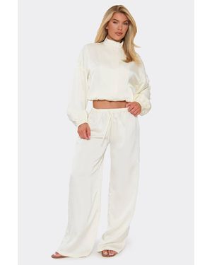 EGO Wide Leg Satin Low Rise Trousers - White