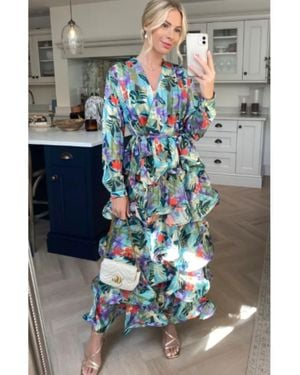 CY Floral Print Ruffle Multi Layer Hem Design Maxi Long Dress - Grey