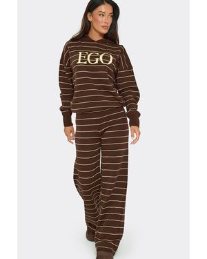 EGO Wide Leg Striped Knit Low Rise Trousers - Brown
