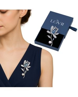 Lovii Serorchid Austrian Crystal & Pearl Brooch - Blue