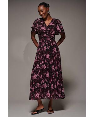 Jolie Moi Chiffon Ruffle Sleeve Pleated Maxi Dress - Brown