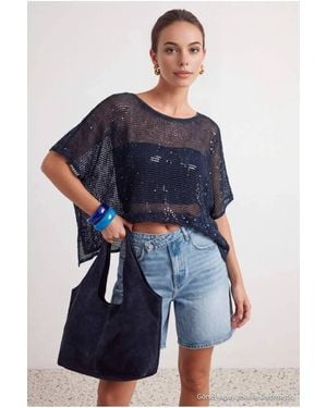 WOVCOR Sequin Embellished Boat Neck Batwing Sleeve Knit Jumper - Blue
