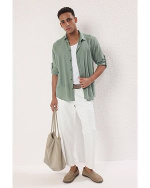 WOVCOR Linen-Look Long Sleeve Shirt With Roll-Up Sleeves - Green