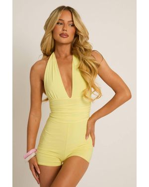 Rebellious Fashion Halterneck Plunge Tie Back Playsuit - Yellow