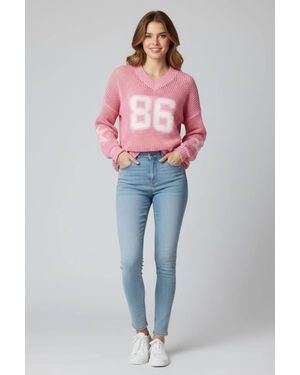 Stylewise Fishnet Knitted V-Neck Jumper - Pink