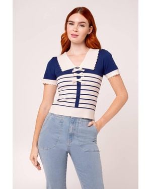 Hell Bunny Jennie Knit Top With Ivory Stripes, Bows & Scalloped Collar - Blue