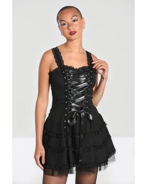 Hell Bunny Punk Eyelet Lace Up Mini Dress With Tiered Skirt & Lace Trim - Black