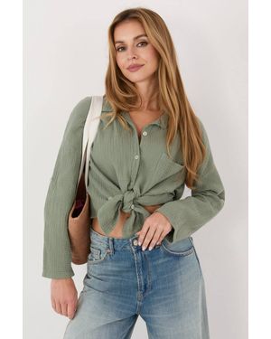 Love Lace Everyday Cotton Collared Long Sleeve Shirt - Green