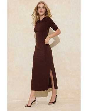 WOVCOR Twist Front Short Sleeve Stretch Knit Column Maxi Dress - Natural