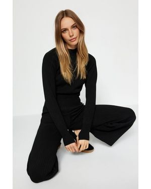 WOVCOR Ribbed Knit Top & Wide Leg Trousers Two Piece Set - Black