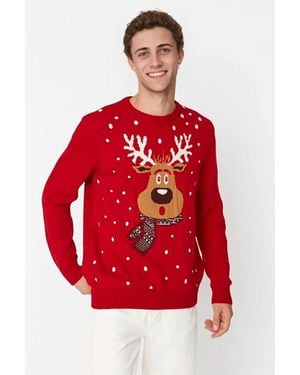 WOVCOR Crew Neck Christmas Reindeer Knit Jumper - Red