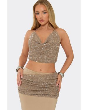 EGO Strappy Cowl Neck Sequin Textured Top - Natural