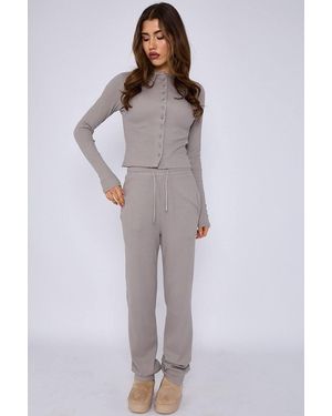 Stylewise Ribbed Button Detail Crop Top & Wide Leg Trouser Co-Ord - Grey