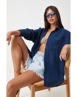Happiness İstanbul Oversized Textured Cotton Shirt With Pocket - Blue