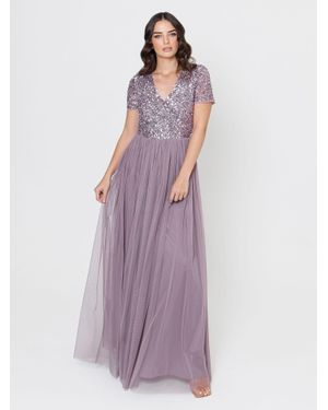 Maya Deluxe Short Sleeve V Neck Embellished Maxi Dress - Purple