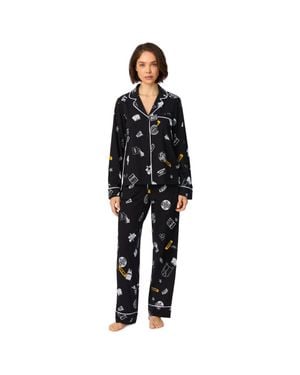DKNY Long Sleeve Notch Top & Pant Sleep Set - Black